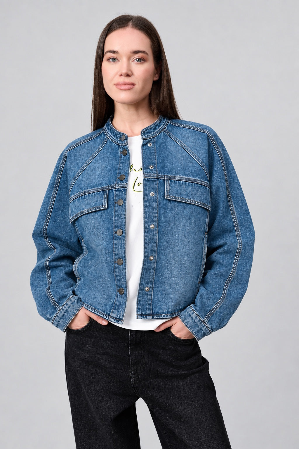 Alora Denim‑Jacke aus Baumwolle mit Stehkragen in denim, Ansicht 3