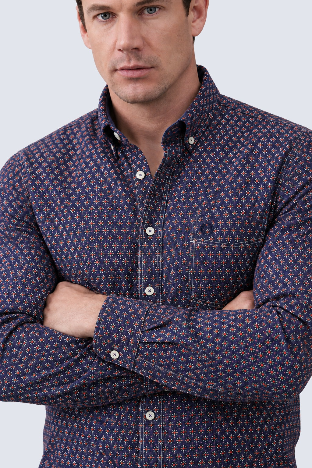 Button‑Down‑Hemd aus Baumwolle mit Mikro‑Allover‑Print in navy print 2, Ansicht 3