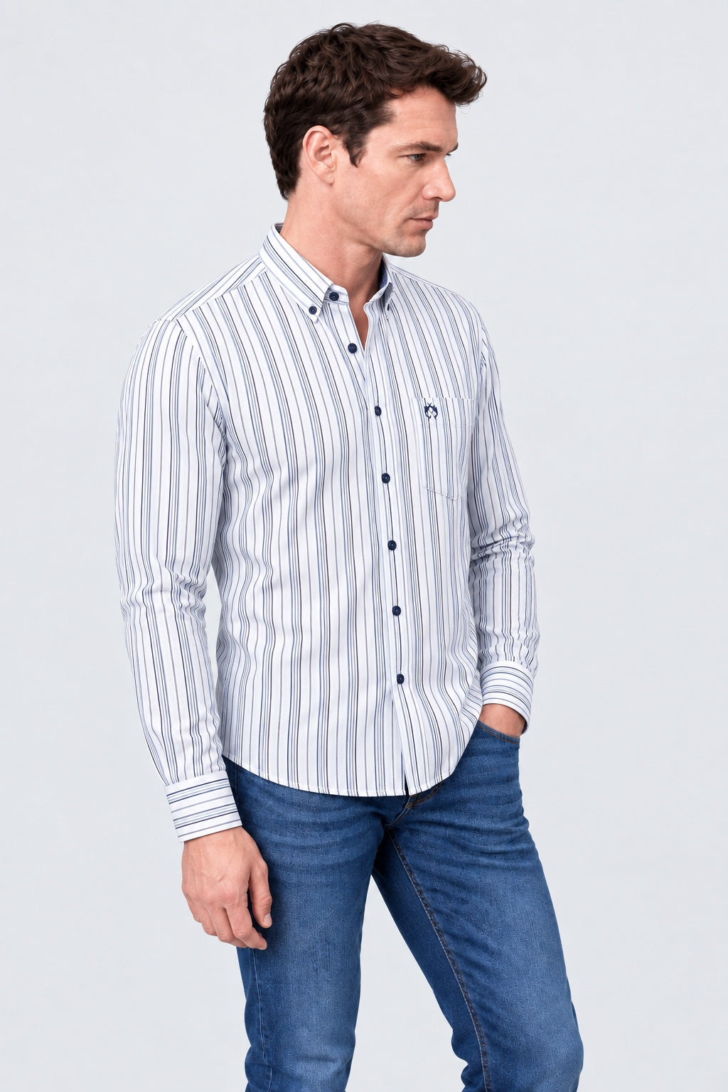 Button‑Down‑Hemd aus Baumwolle mit Streifenmuster in camel stripe 1, Ansicht 3