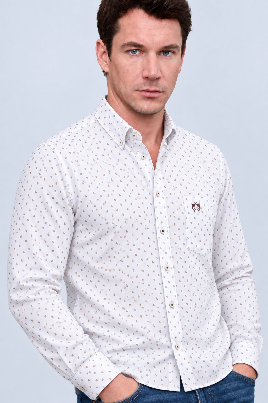 Button‑Down‑Hemd aus Baumwolle mit Mikro‑Allover‑Print in brown print 2, Ansicht 2