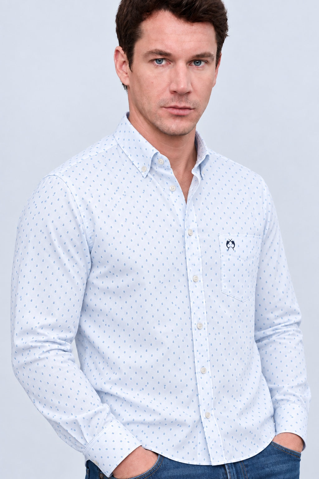 Button‑Down‑Hemd aus Baumwolle mit Mikro‑Allover‑Print in blue print 1, Ansicht 3
