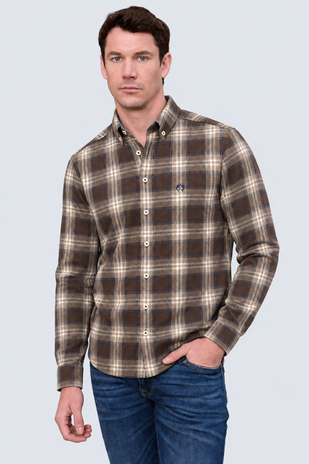 Button‑Down‑Hemd aus Baumwoll‑Mix mit Karomuster in brown check 2, Ansicht 2