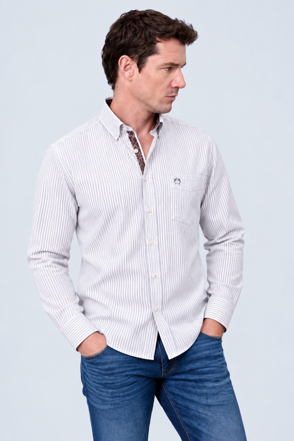 Button‑Down‑Hemd mit Streifenmuster aus Baumwoll‑Polyester‑Mix in stone grey stripe 1, Ansicht 2