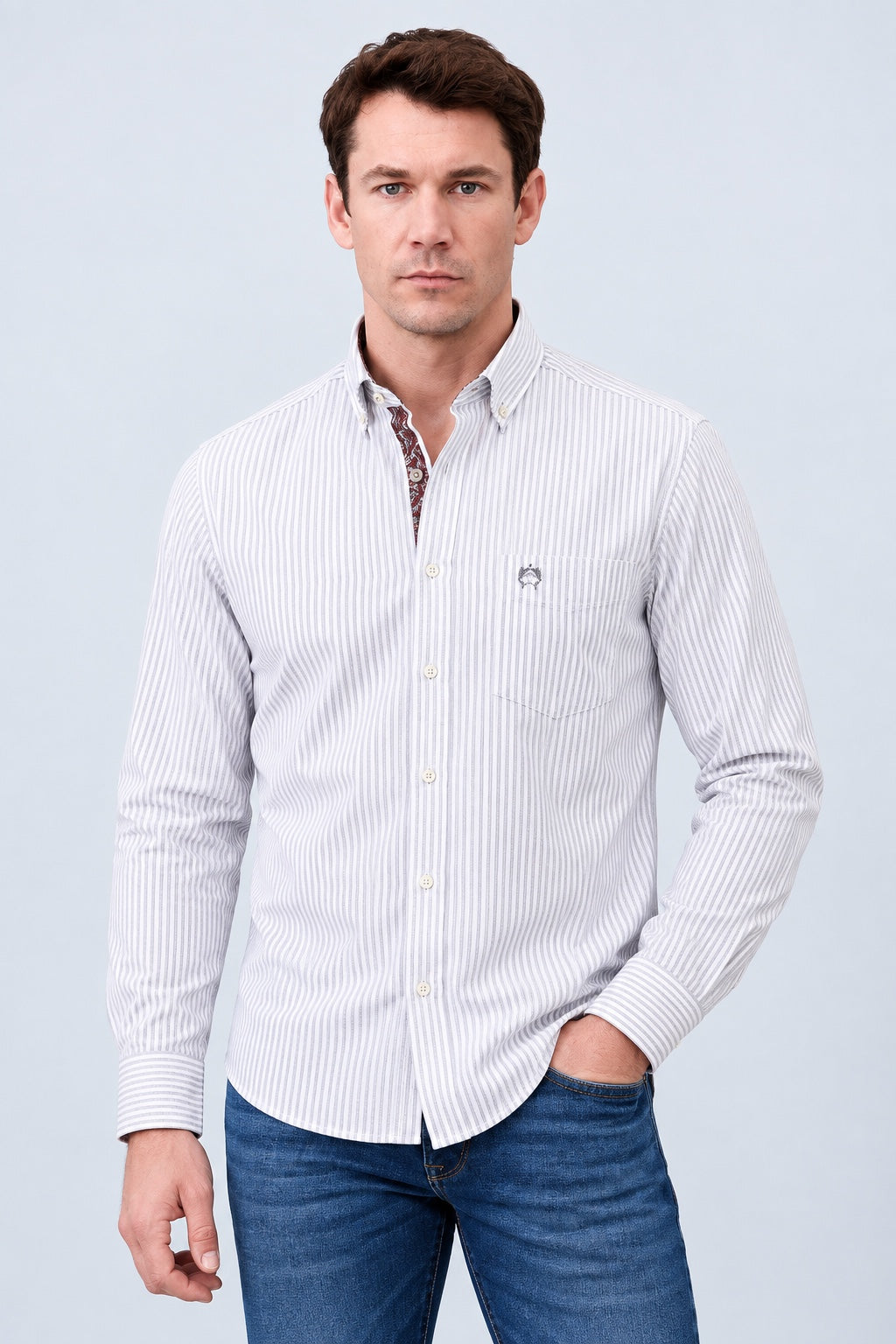 Button‑Down‑Hemd mit Streifenmuster aus Baumwoll‑Polyester‑Mix in stone grey stripe 1, Ansicht 3