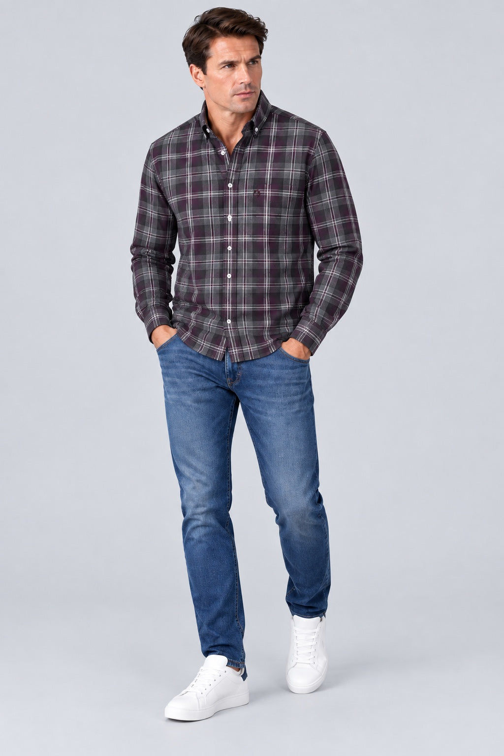 Button‑Down‑Hemd aus Baumwolle mit Karomuster in grey check 1