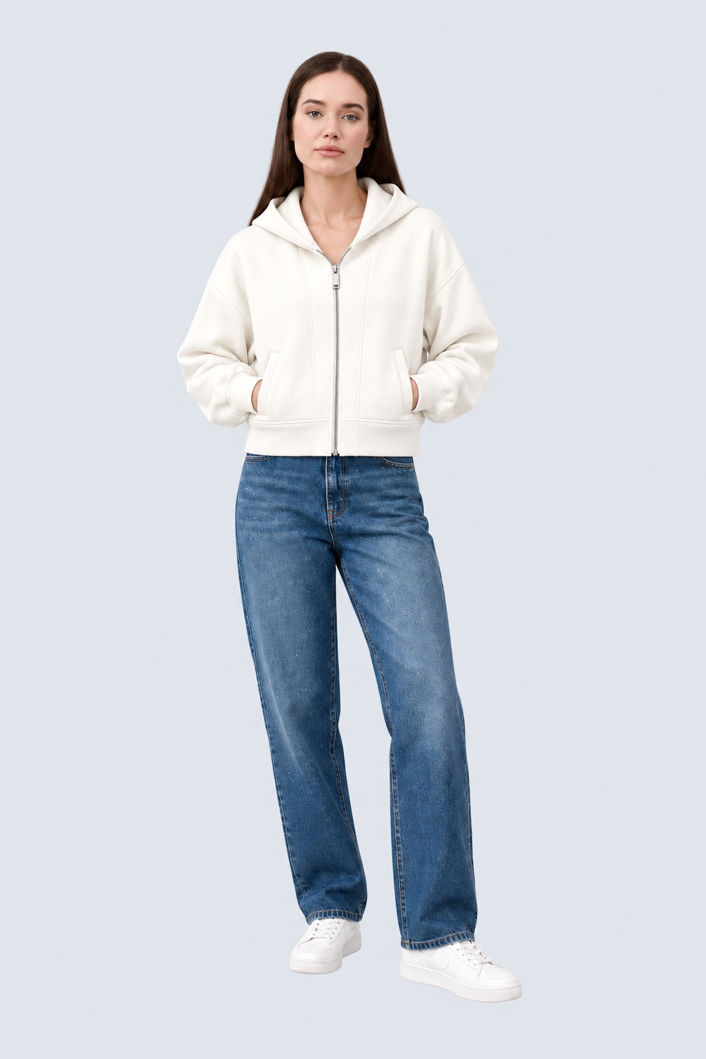 Sweat‑Jacke mit Kapuze aus Baumwoll‑Mix in off white