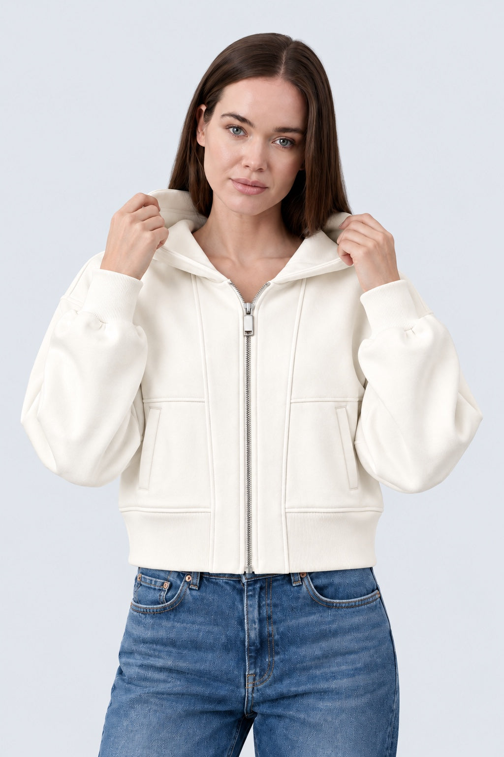 Sweat‑Jacke mit Kapuze aus Baumwoll‑Mix in off white, Ansicht 3
