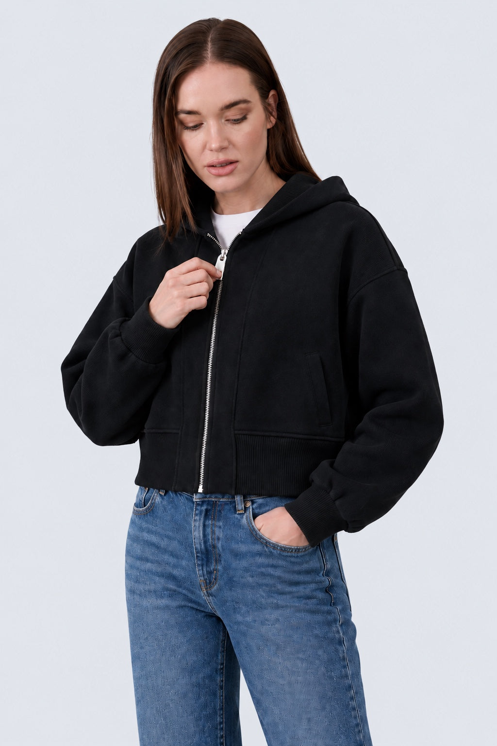 Sweat‑Jacke mit Kapuze aus Baumwoll‑Mix in black, Ansicht 2