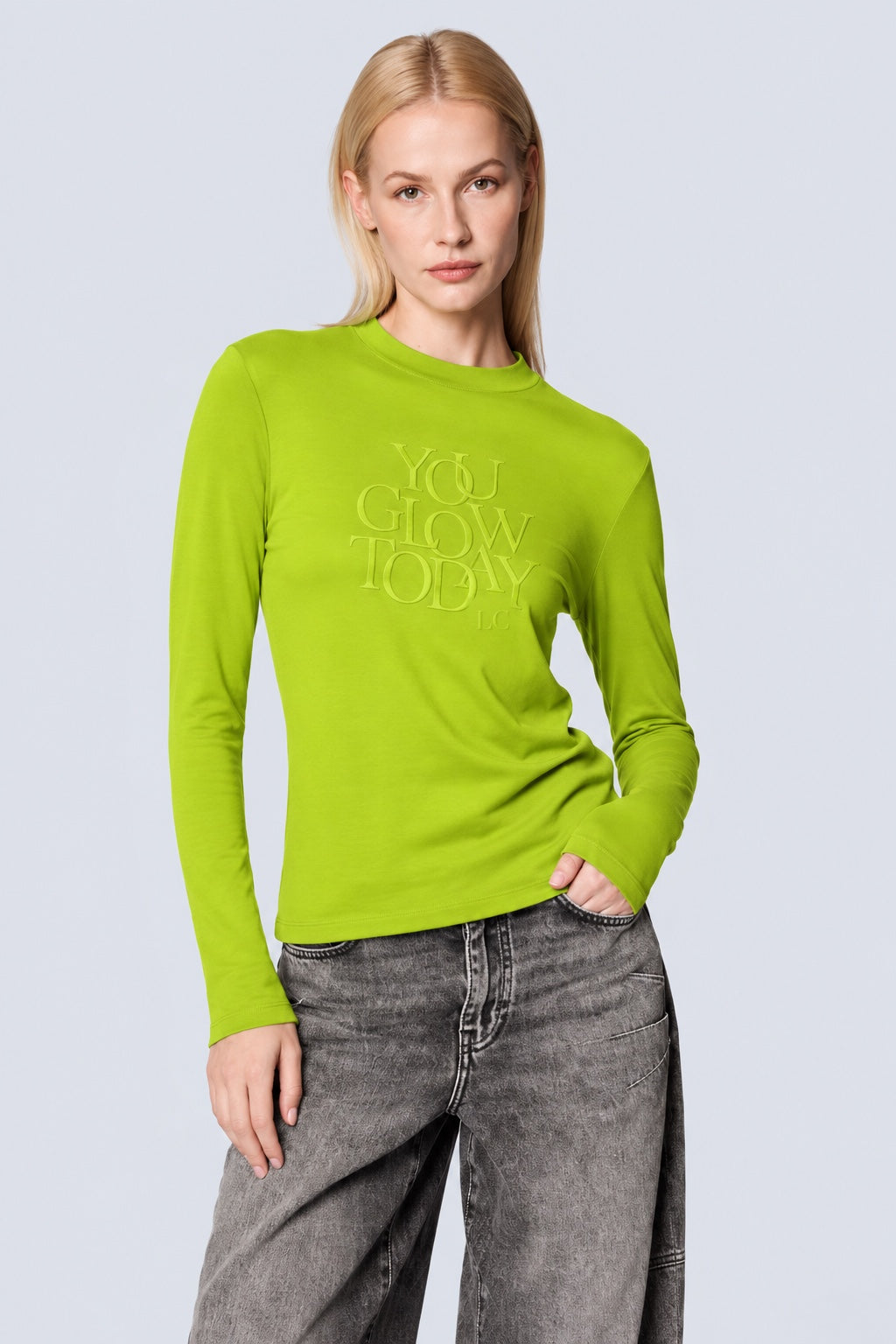 Langarm‑T‑Shirt aus Baumwolle‑Modal‑Mix mit Statement‑Print in green glow, Ansicht 3