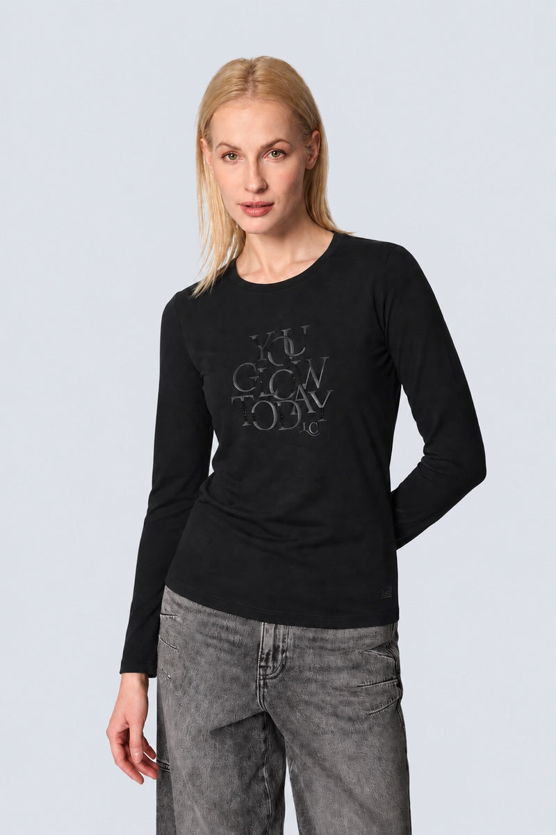 Langarm‑T‑Shirt aus Baumwolle‑Modal‑Mix mit Statement‑Print in black