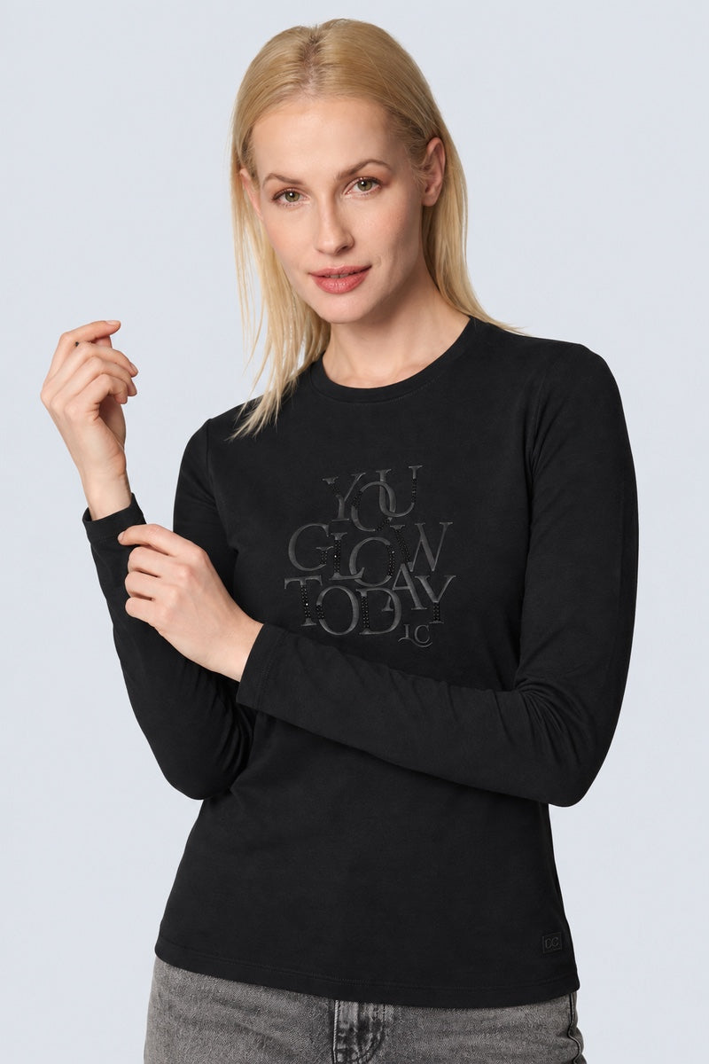 Langarm‑T‑Shirt aus Baumwolle‑Modal‑Mix mit Statement‑Print in black, Ansicht 3