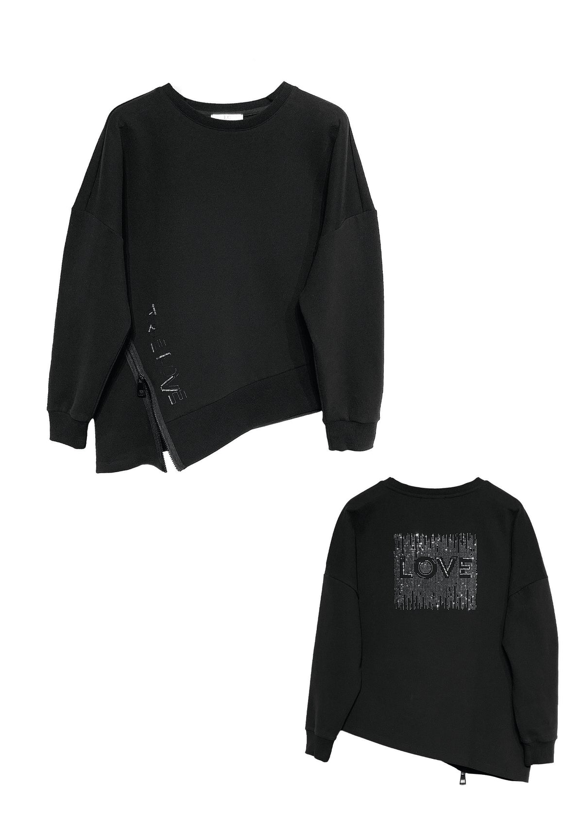 Sweatshirt aus Baumwoll‑Mix mit Strass‑Rückendetail und Layering‑Optik in black