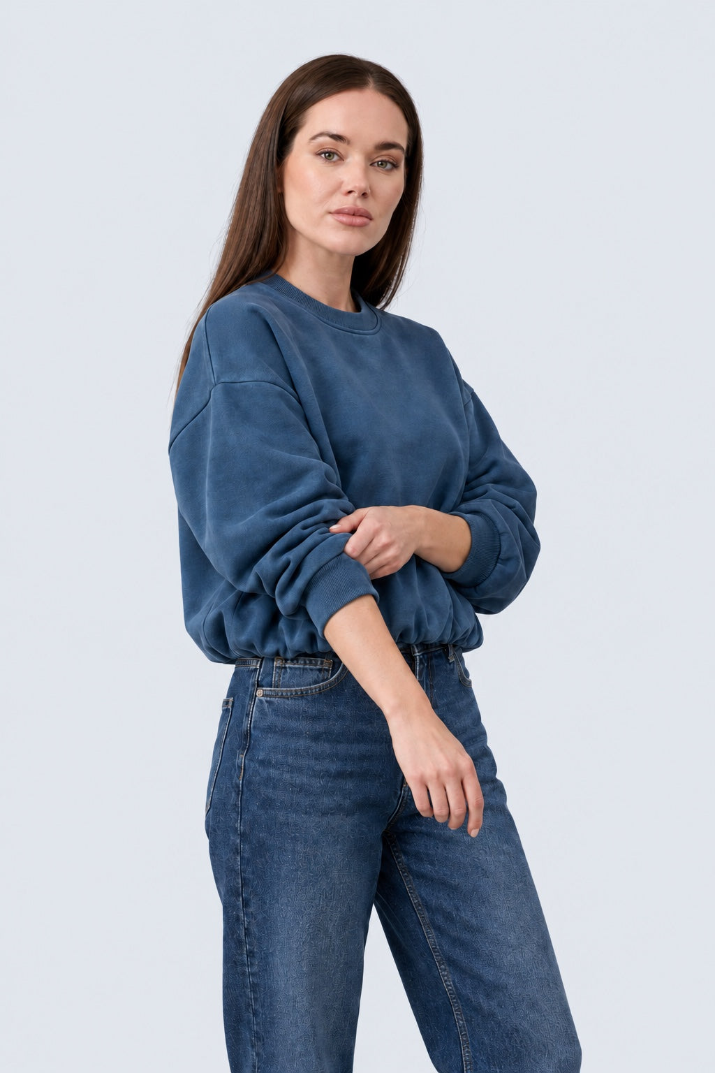Sweatshirt aus reiner Baumwolle mit Strass‑Rückenmotiv in denim, Ansicht 2