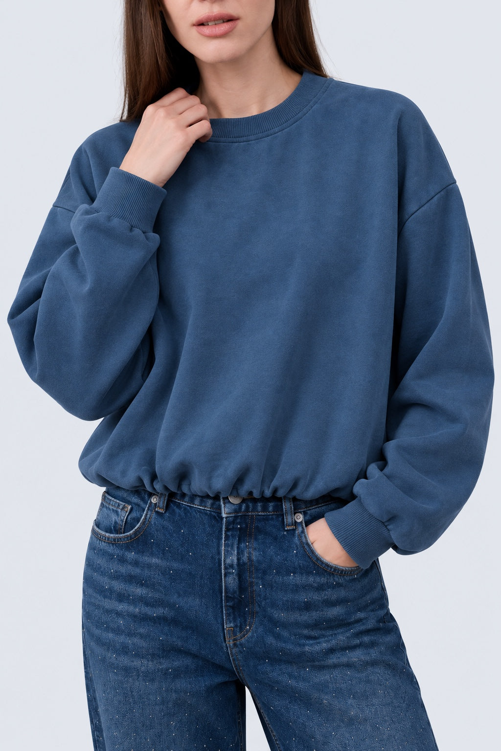 Sweatshirt aus reiner Baumwolle mit Strass‑Rückenmotiv in denim, Ansicht 3