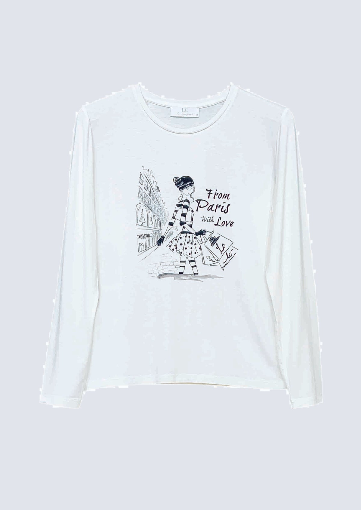 Langarm‑T‑Shirt aus Viskose‑Elasthan mit Fashion‑Illustration in off white