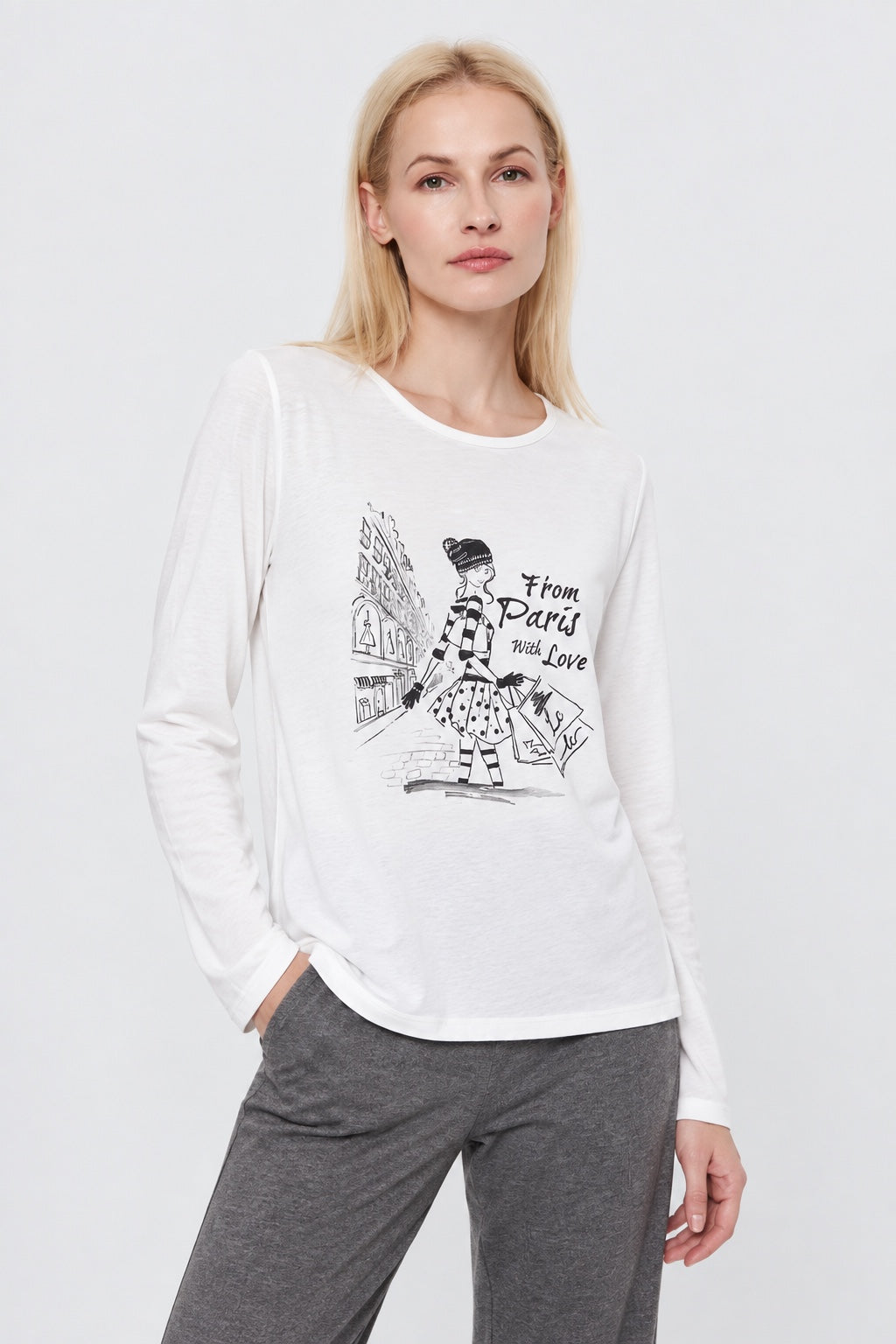 Langarm‑T‑Shirt aus Viskose‑Elasthan mit Fashion‑Illustration in off white