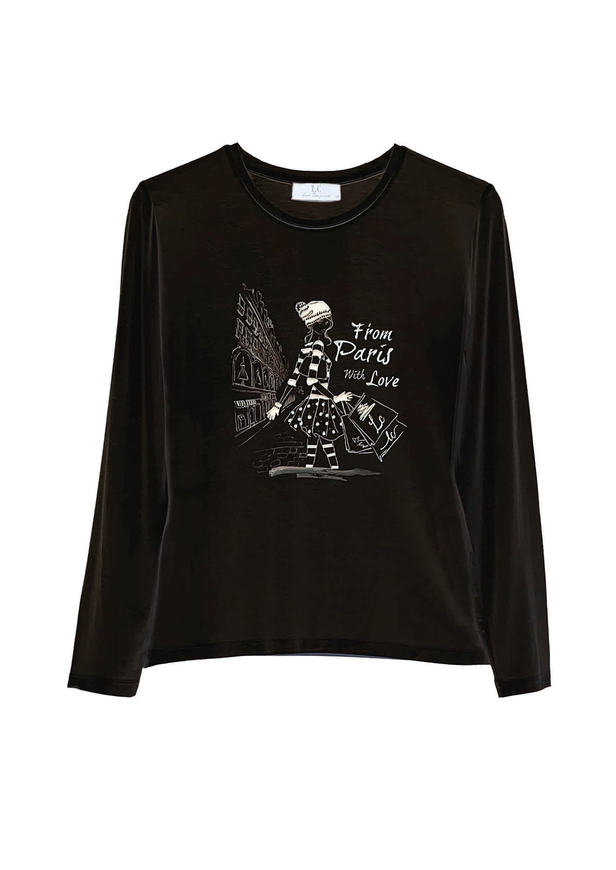 Langarm‑T‑Shirt aus Viskose‑Elasthan mit Fashion‑Illustration in black