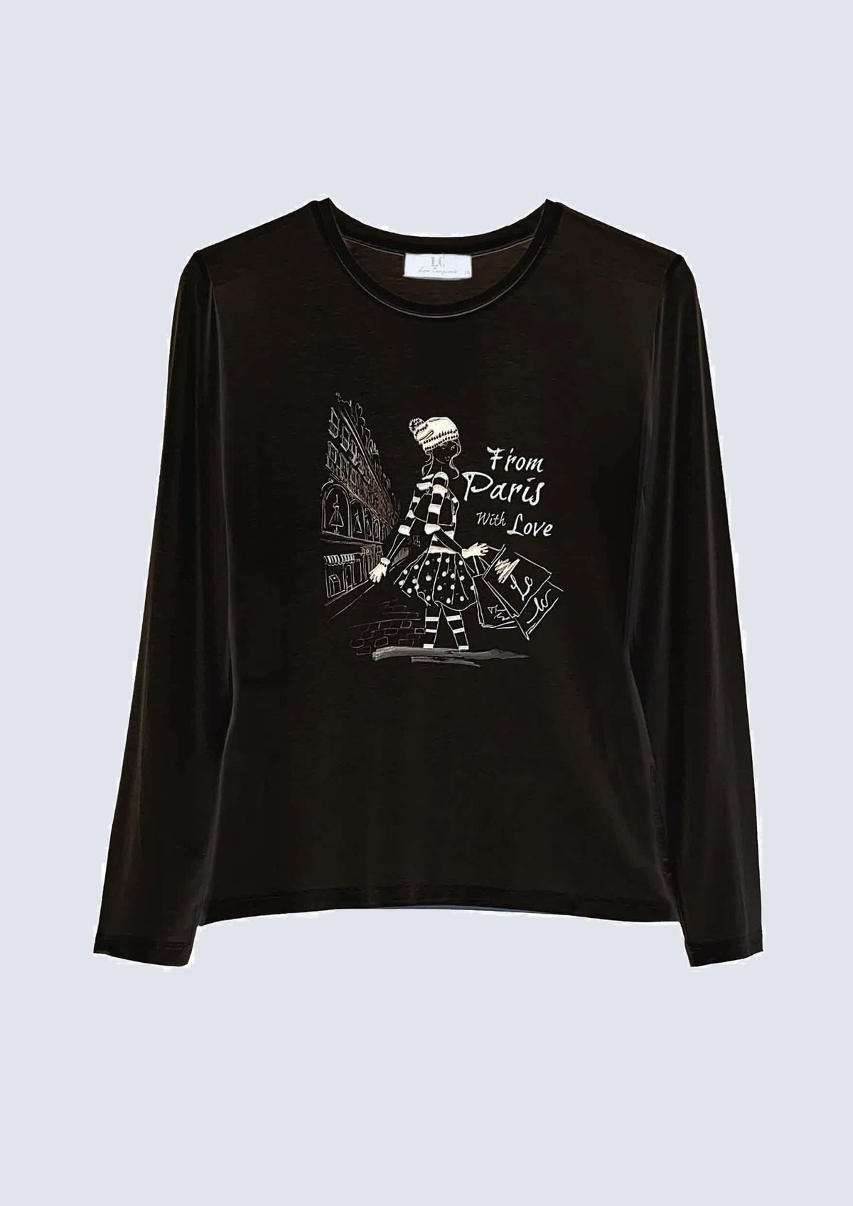 Langarm‑T‑Shirt aus Viskose‑Elasthan mit Fashion‑Illustration in black