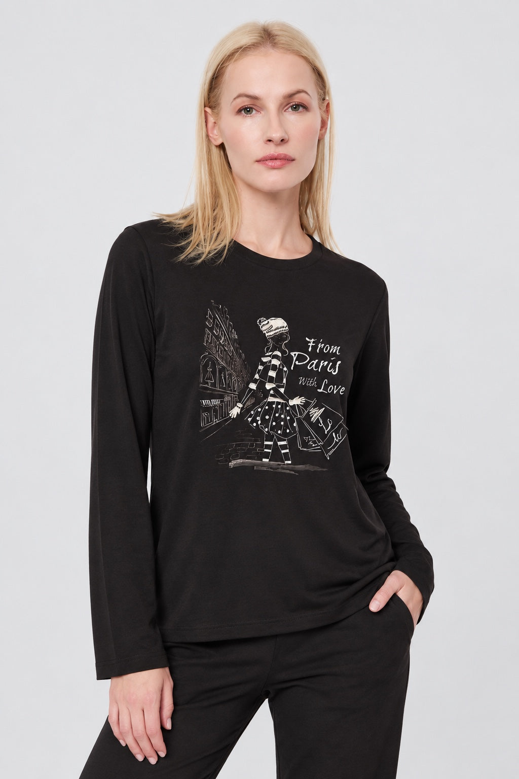 Langarm‑T‑Shirt aus Viskose‑Elasthan mit Fashion‑Illustration in black, Ansicht 3