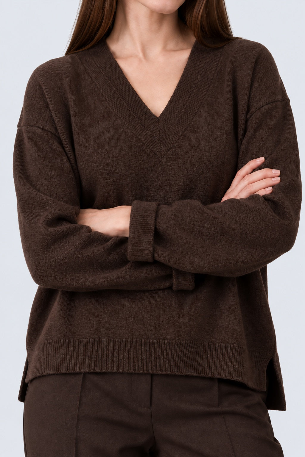 Pullover aus Woll‑Viskose‑Mix mit V‑Ausschnitt und Chiffon‑Rücken in brown combi 1, Ansicht 3