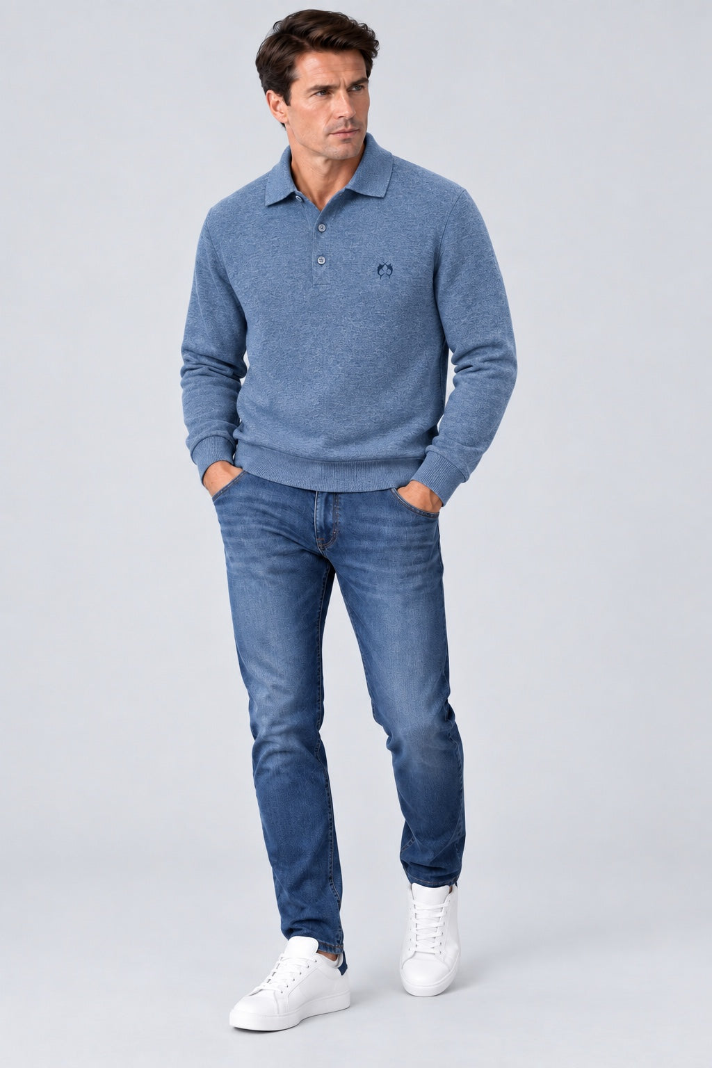 Kaschmir-Pullover mit Polokragen in blue mel 1