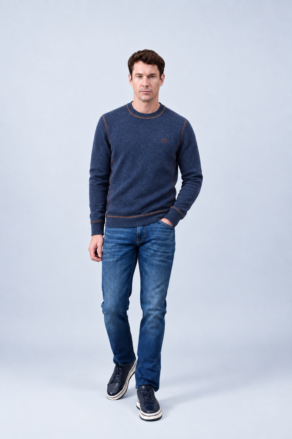 Strickpullover aus Lambswoll‑Mix mit Rundhalsausschnitt in navy combi 1, Ansicht 3