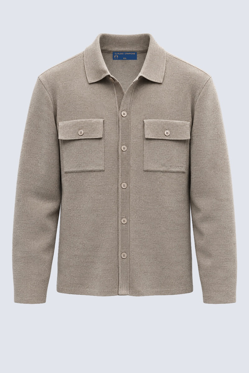Strickjacke im Hemd-Design aus Woll-Mix mit Brusttaschen in beige mel