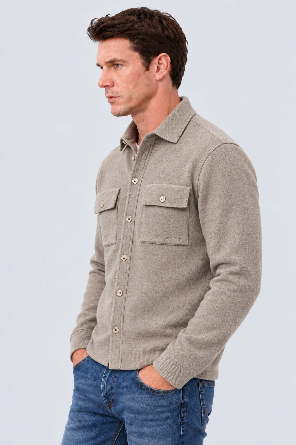 Strickjacke im Hemd-Design aus Woll-Mix mit Brusttaschen in beige mel, Ansicht 3