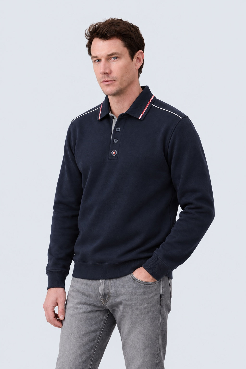 Sweat‑Polo aus Baumwoll‑Mix mit maritimen Kontrastdetails in navy, Ansicht 2
