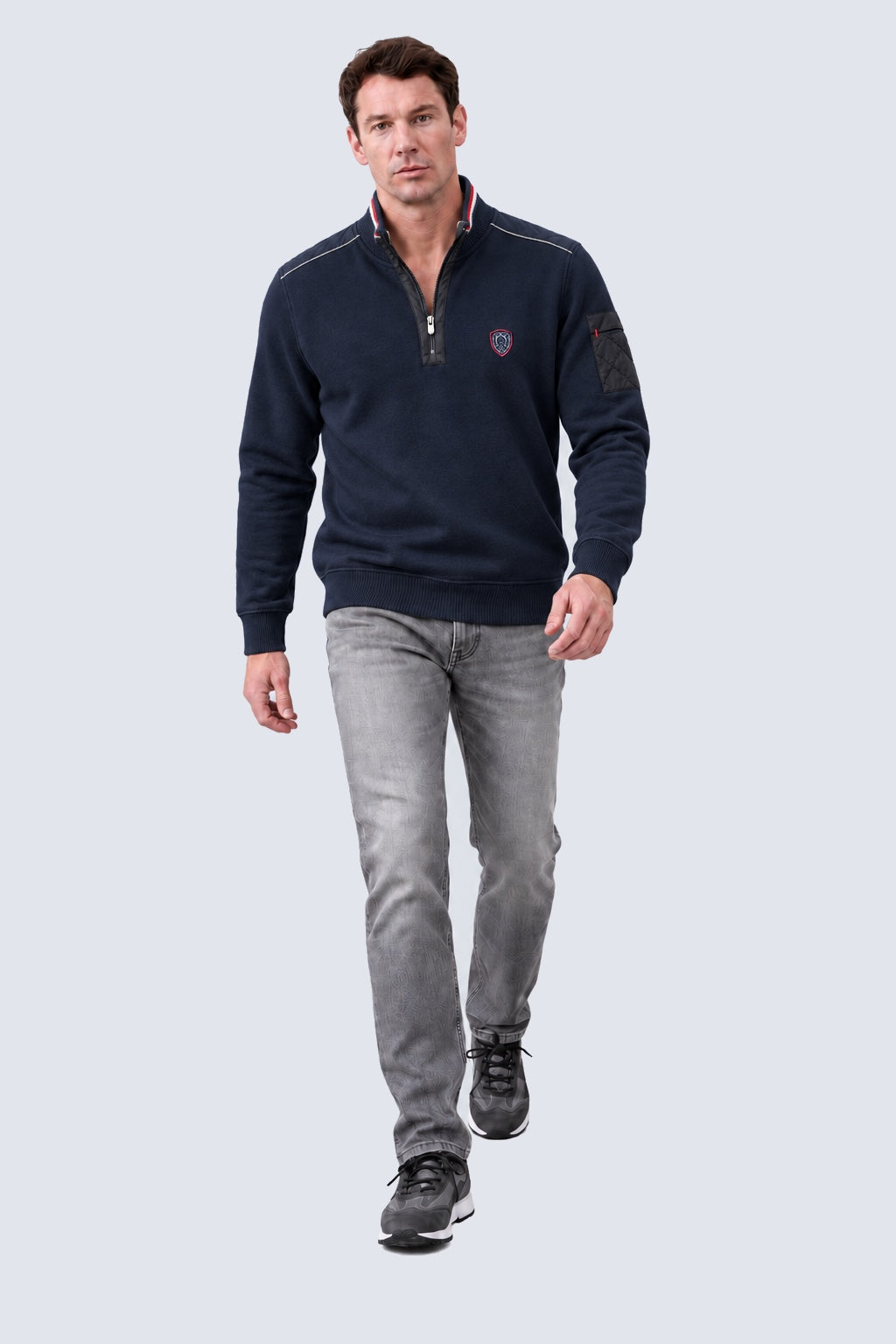 Sweatshirt mit Stehkragen und Reißverschluss aus Baumwoll‑Mix in navy