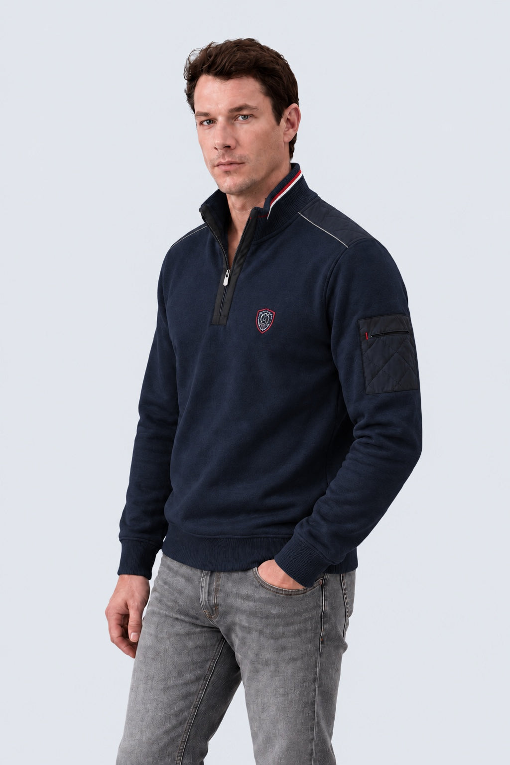 Sweatshirt mit Stehkragen und Reißverschluss aus Baumwoll‑Mix in navy, Ansicht 2