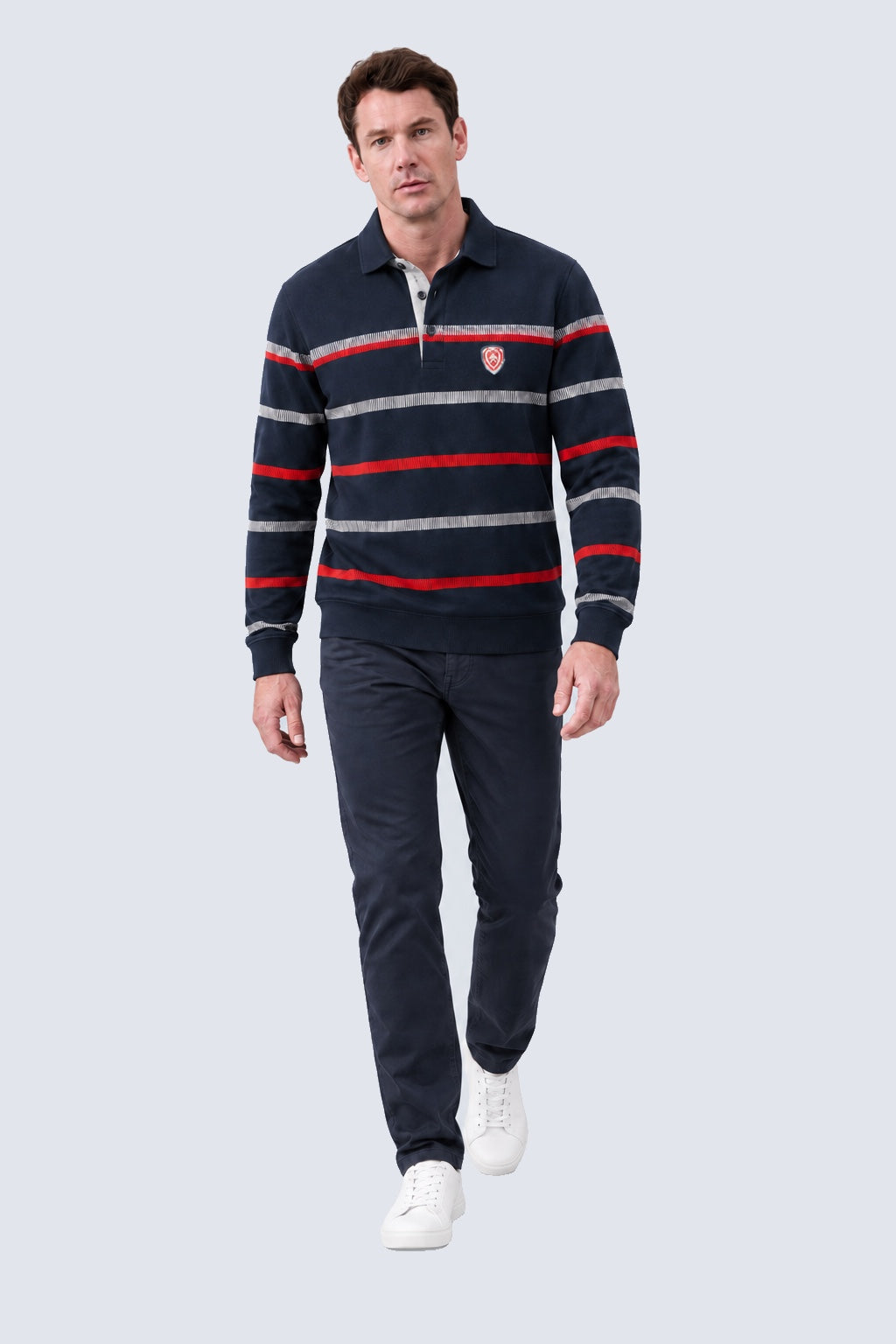 Sweat‑Polo mit maritimen Streifen aus Polyester‑Elasthan‑Mix in navy combi 1