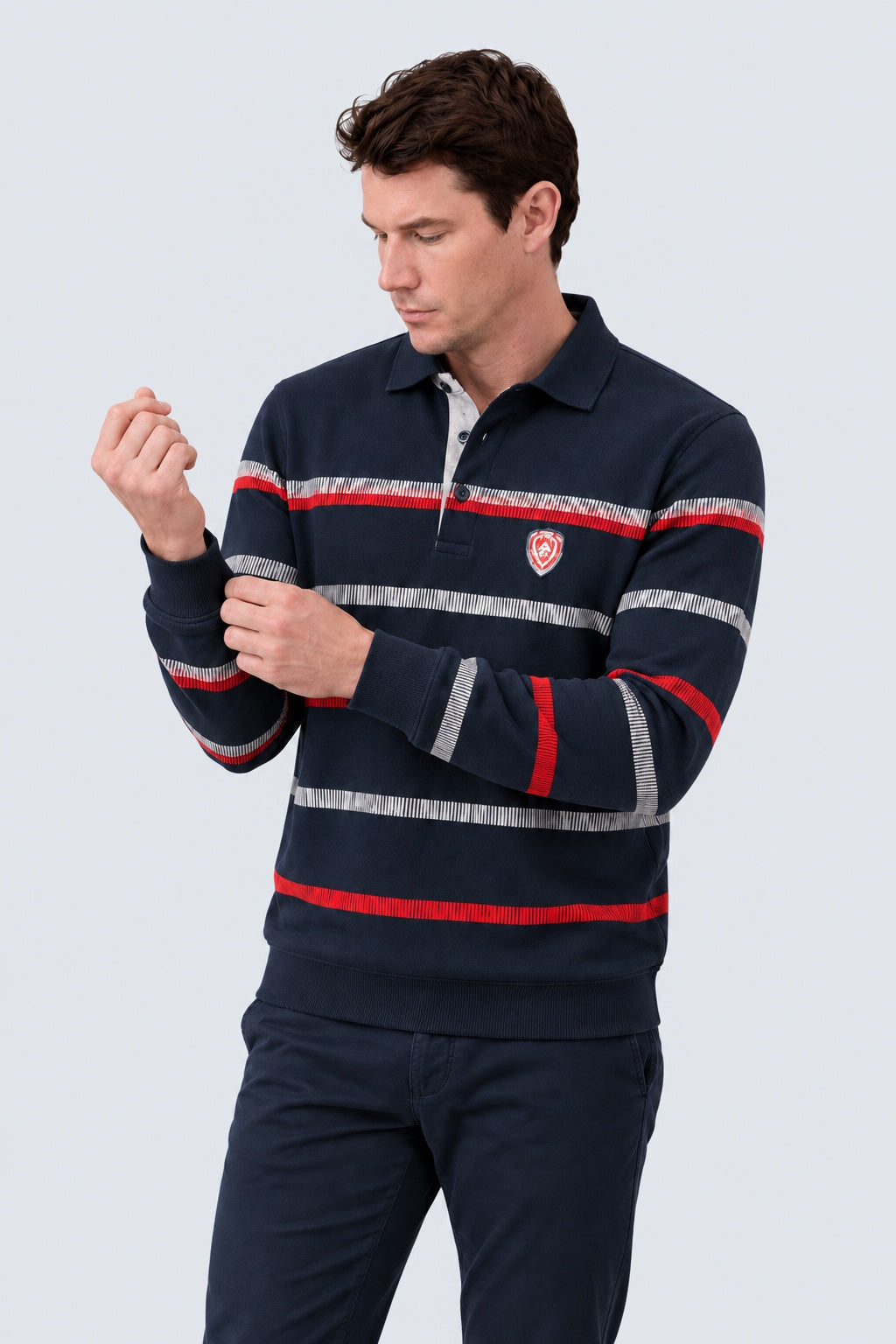 Sweat‑Polo mit maritimen Streifen aus Polyester‑Elasthan‑Mix in navy combi 1, Ansicht 2