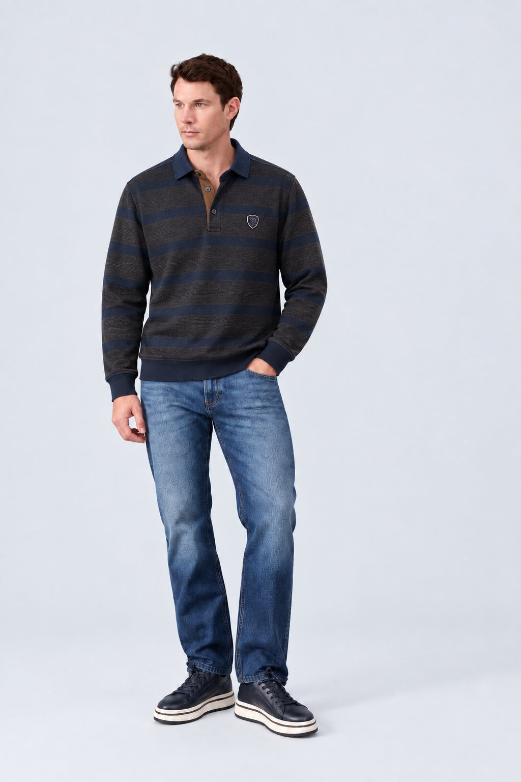 Sweat-Polo aus Baumwoll-Polyester-Mix mit Strukturstreifen in navy combi 1, Ansicht 2