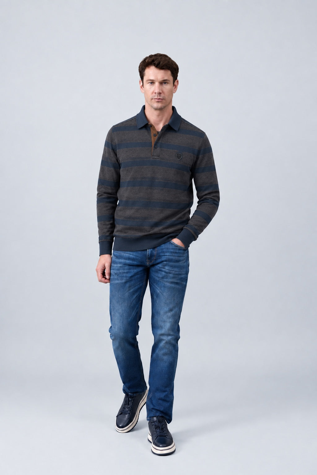Sweat-Polo aus Baumwoll-Mix mit Querstreifen in navy combi 1, Ansicht 2