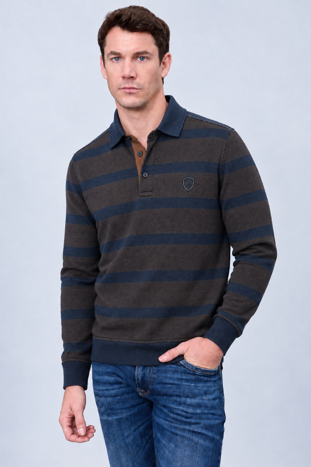 Sweat-Polo aus Baumwoll-Mix mit Querstreifen in navy combi 1, Ansicht 3