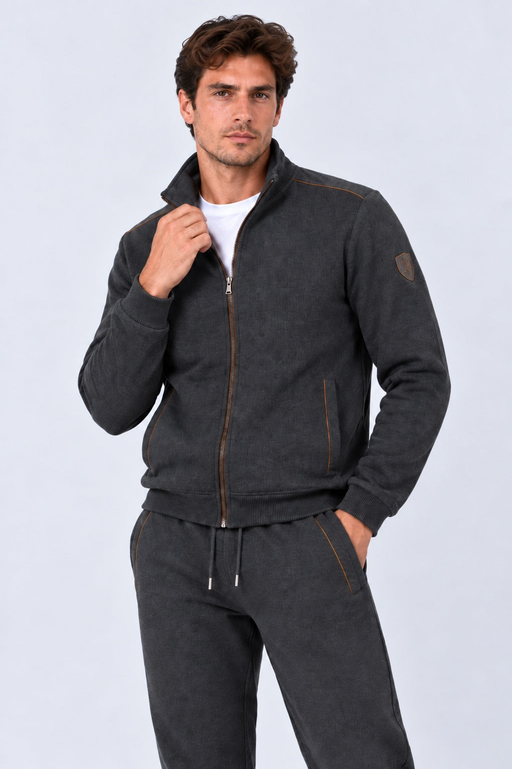 Sweat‑Jacke aus Baumwoll‑Polyester‑Mix mit Stehkragen in anthra mel., Ansicht 3