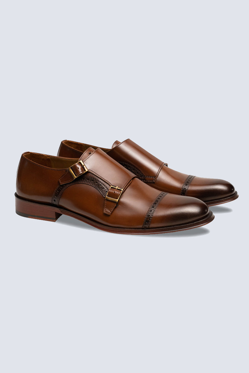 Premium CC double monk made of smooth leather with double buckle, in brown, navy and black.