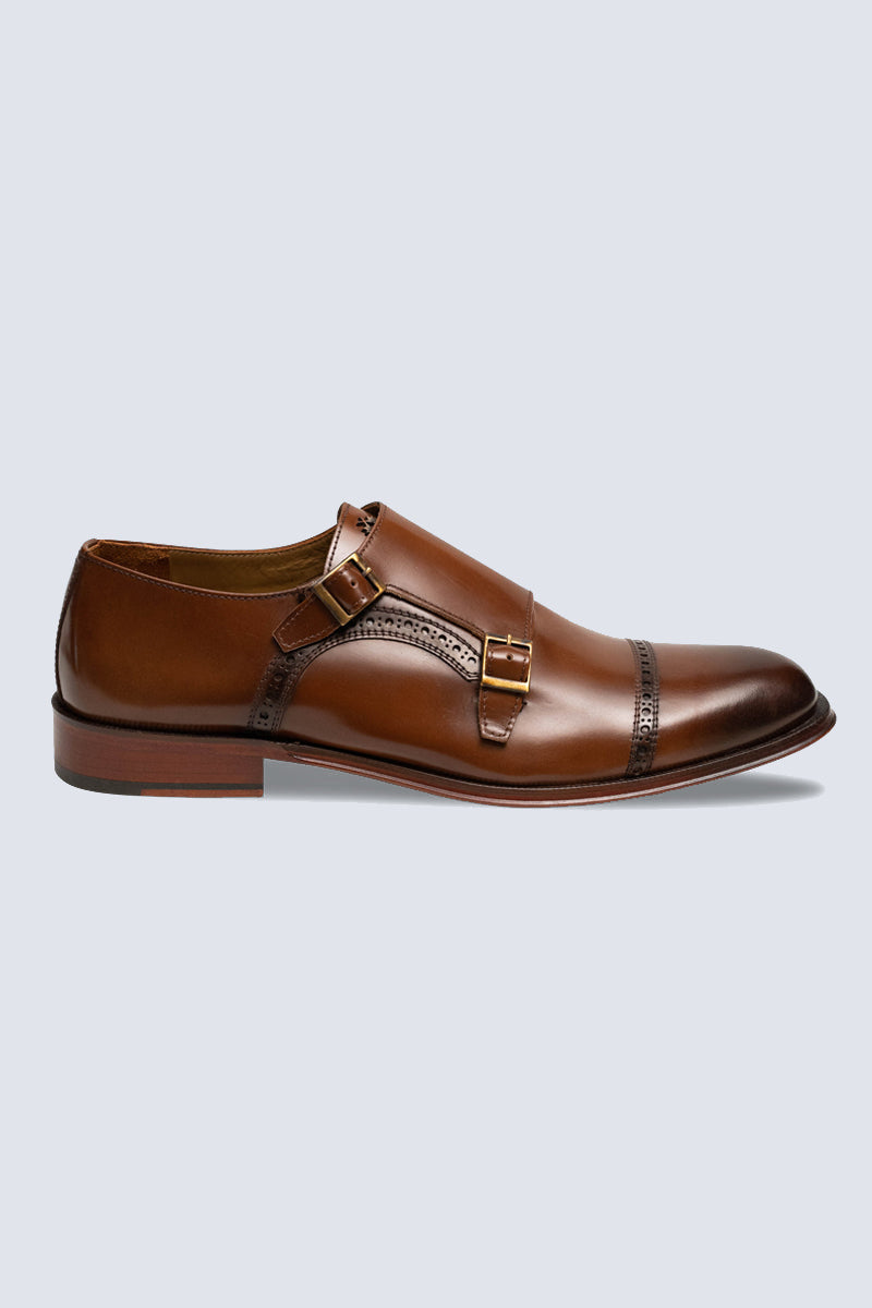 Premium CC double monk made of smooth leather with double buckle, in brown, navy and black.