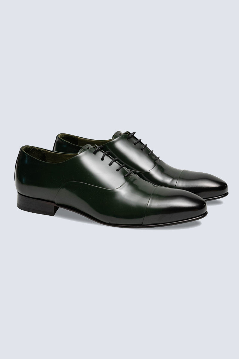 Elegant patent leather oxfords, 75% handmade, in black-red or dark green.