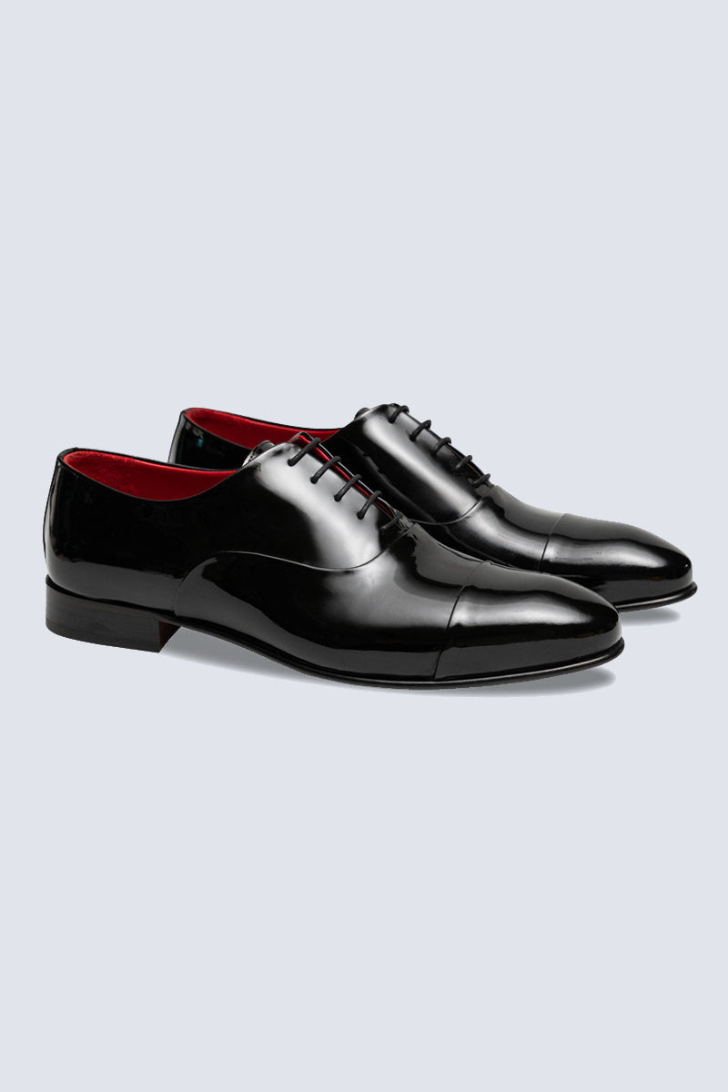 Elegant patent leather oxfords, 75% handmade, in black-red or dark green.