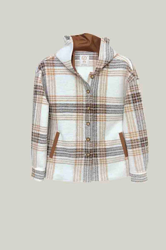 Women's Checked Hooded Jacket – Beige/Brown