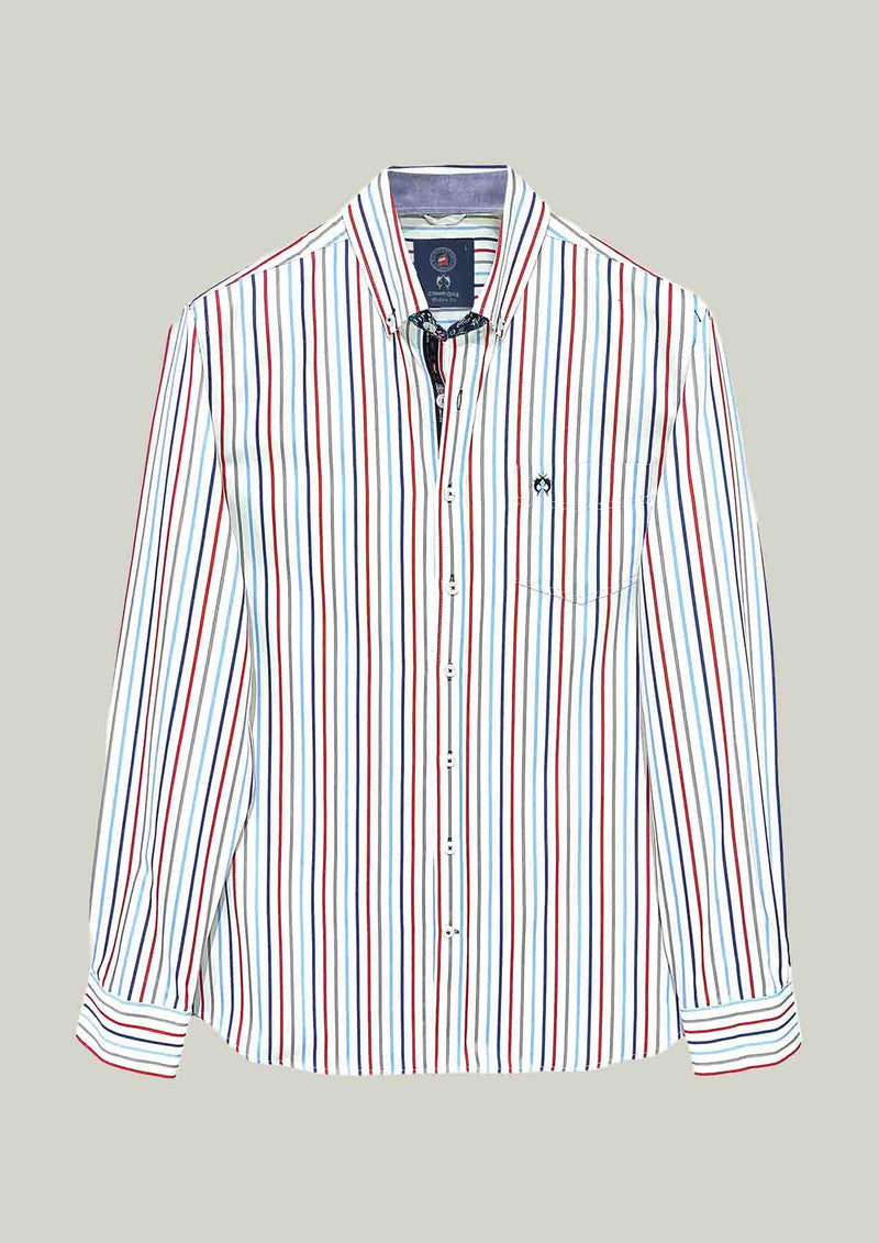 Men's Casual Shirt Modern Fit – White with Multicolored Stripes