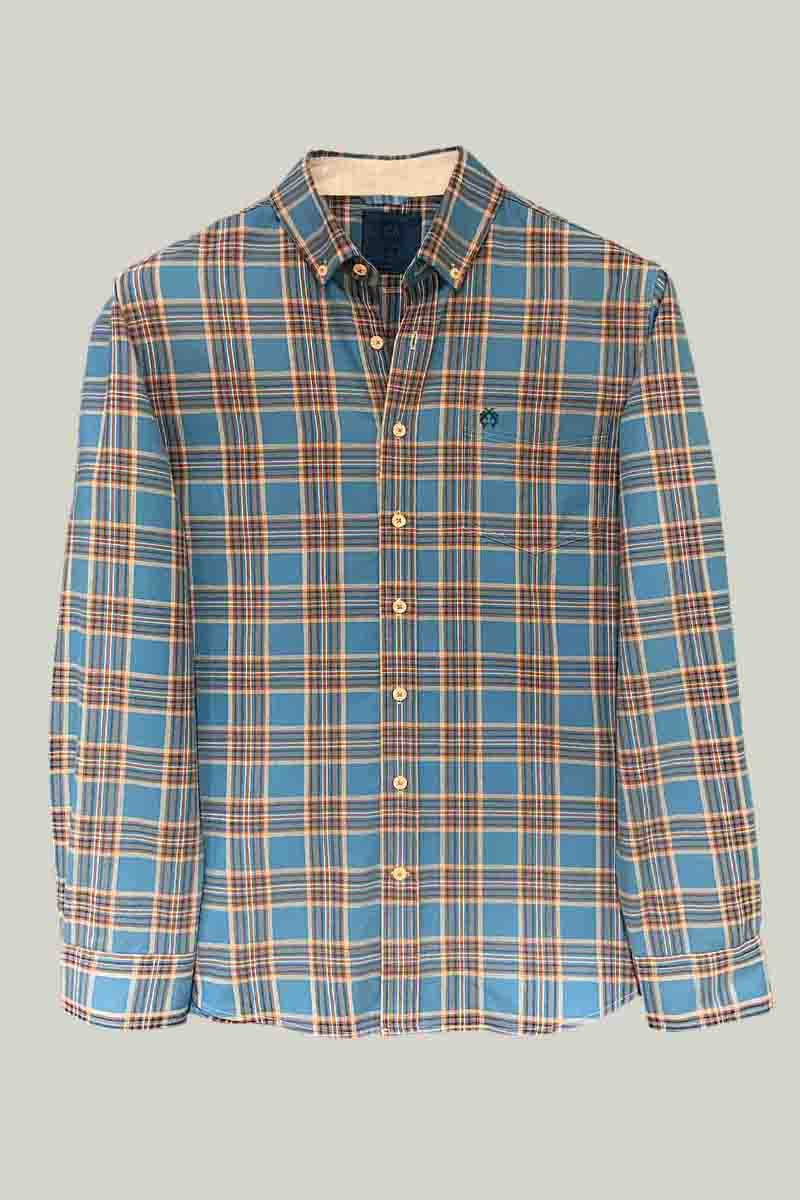 Erkek Modern Kesim Gömlek – Kareli Mavi Hardal Sarısı %100 Pamuk