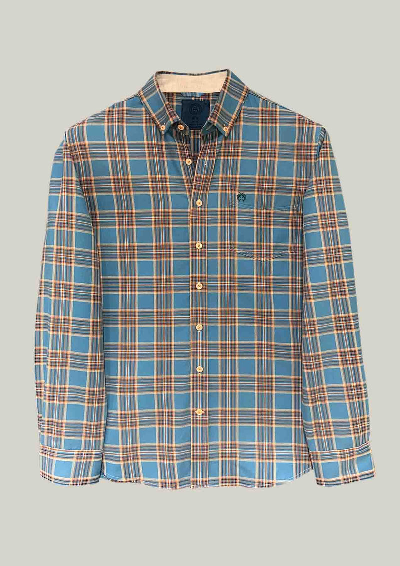 Herren Hemd Modern Fit – Kariert Blue Senfgelb 100% Baumwolle