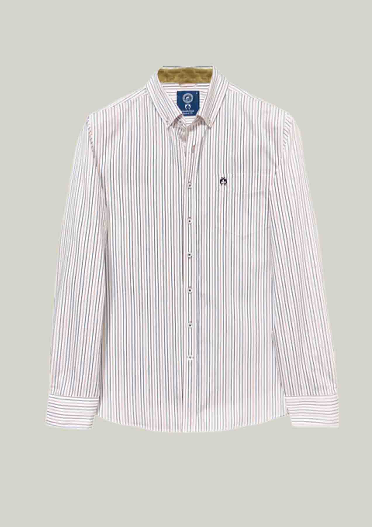 Men's Shirt Modern Fit – Striped White Blue Brown 100% Cotton