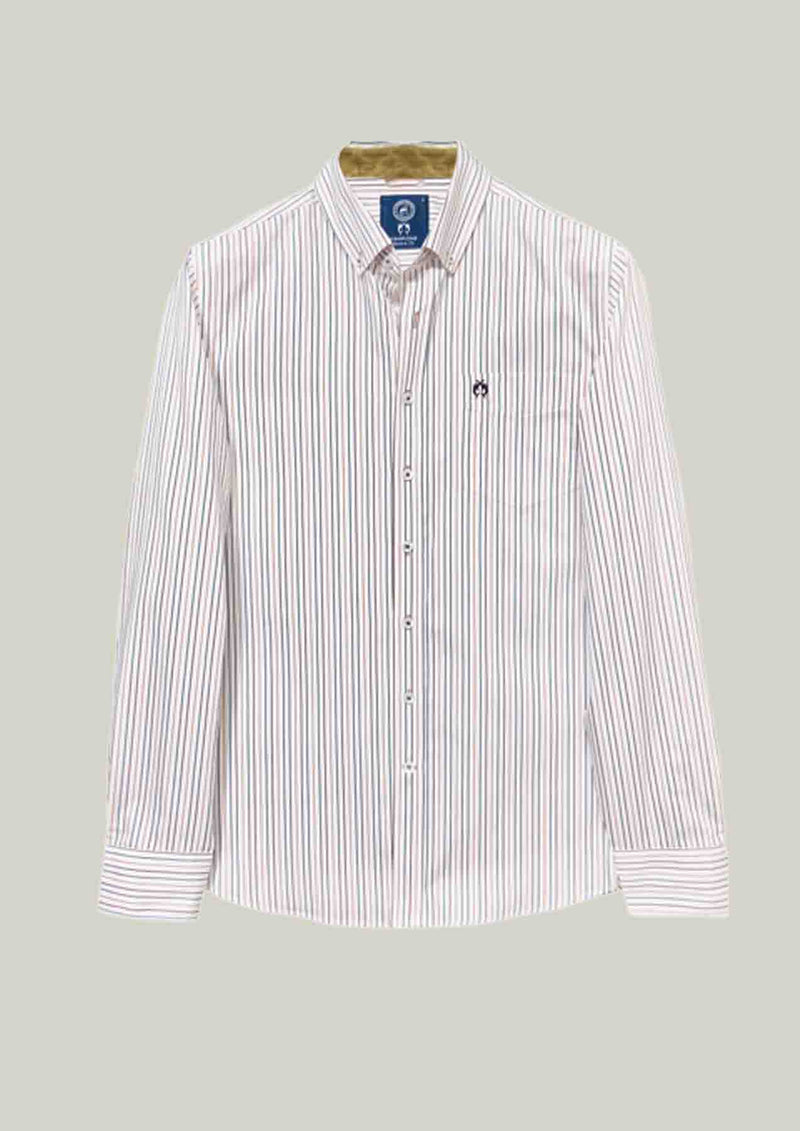 Men's Shirt Modern Fit – Striped White Blue Brown 100% Cotton