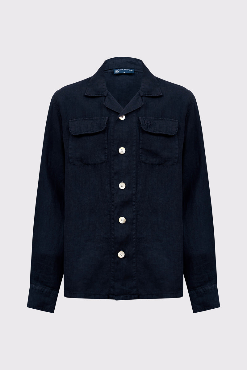 Overshirt aus reinem Leinen mit Knopfleiste und Brusttaschen – indigo #Farbe_84400 indigo