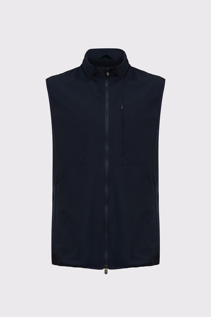 Bodywarmer made of polyester-elastane blend with stand-up collar zipper