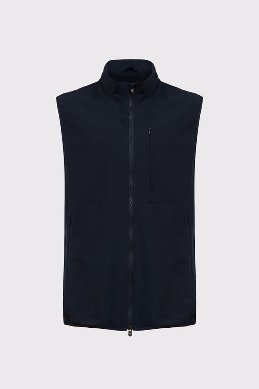 Bodywarmer made of polyester-elastane blend with stand-up collar zipper